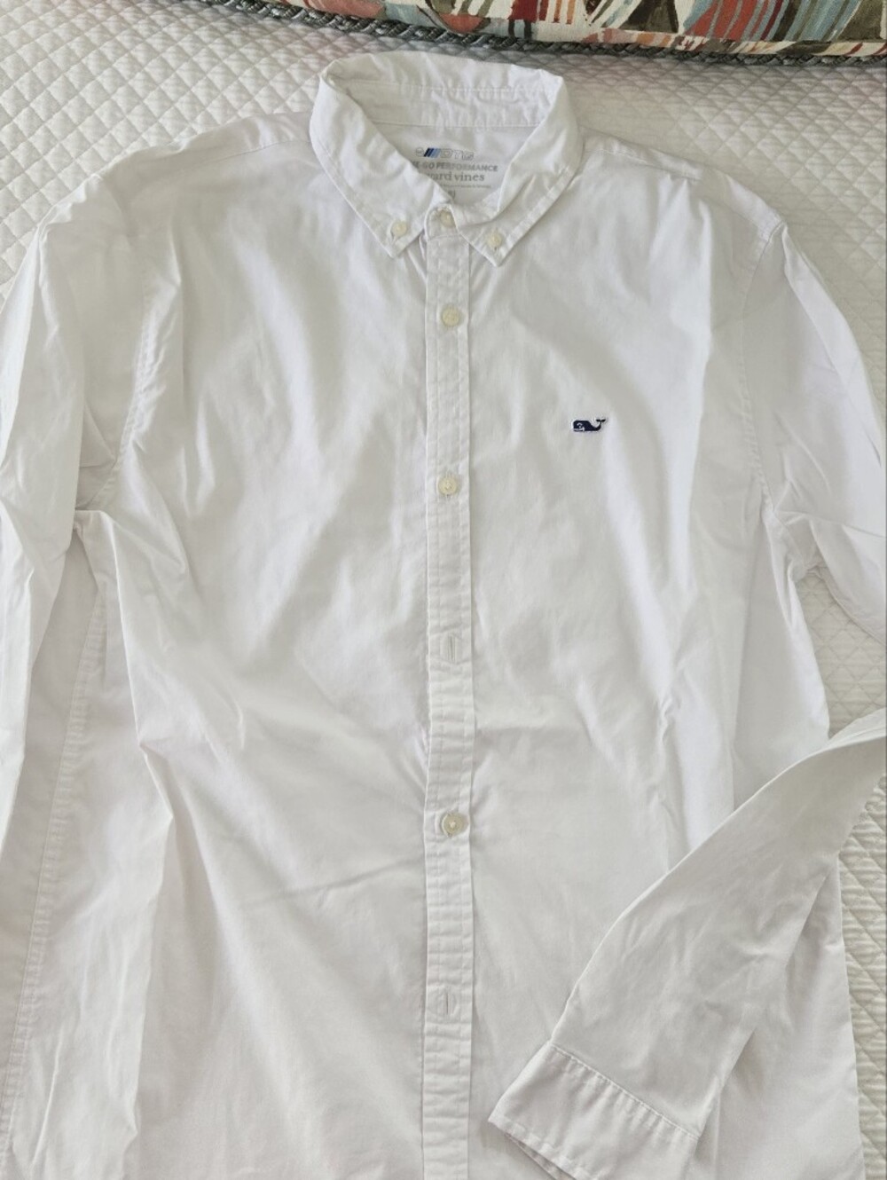 White Button-Up Shirt with Navy Whale Embroidery